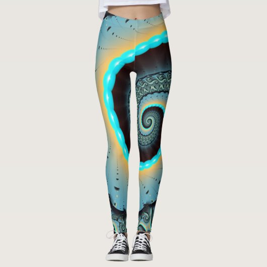 Abstract Blue Turquoise Orange Fractal Art Spiral Leggings (Voorkant)