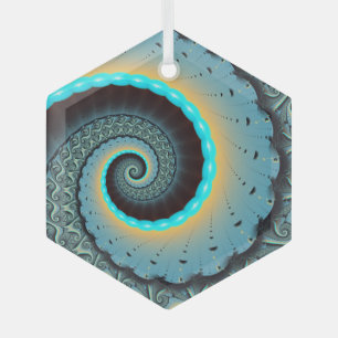 Abstract Blue Turquoise Oranje Fractal Art Spiral Glas Ornament