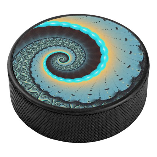 Abstract Blue Turquoise Oranje Fractal Art Spiral Hockey Puck (3/4)