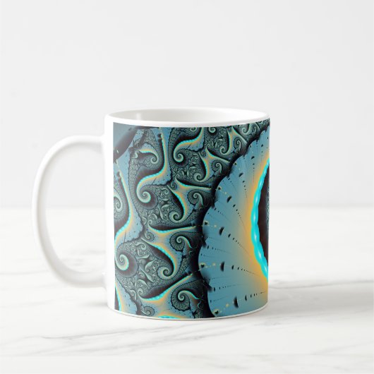 Abstract Blue Turquoise Oranje Fractal Art Spiral Koffiemok (Links)