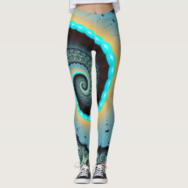 Abstract Blue Turquoise Oranje Fractal Art Spiral Leggings