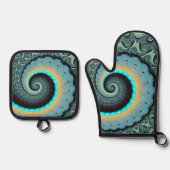 Abstract Blue Turquoise Oranje Fractal Art Spiral Ovenwant & Pannenlap Set (Voorkant)