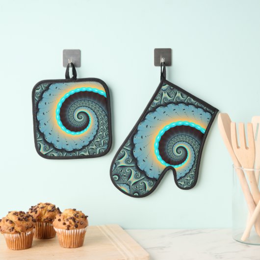 Abstract Blue Turquoise Oranje Fractal Art Spiral Ovenwant & Pannenlap Set (Insitu(Ophanging))