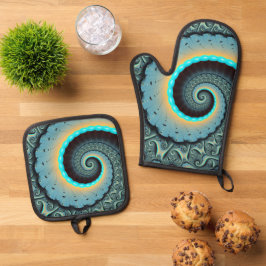 Abstract Blue Turquoise Oranje Fractal Art Spiral Ovenwant & Pannenlap Set