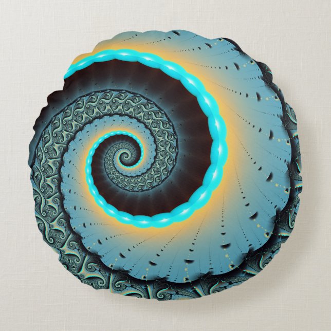 Abstract Blue Turquoise Oranje Fractal Art Spiral Rond Kussen (Voorkant)