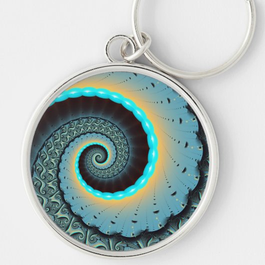 Abstract Blue Turquoise Oranje Fractal Art Spiral Sleutelhanger (Voorkant)
