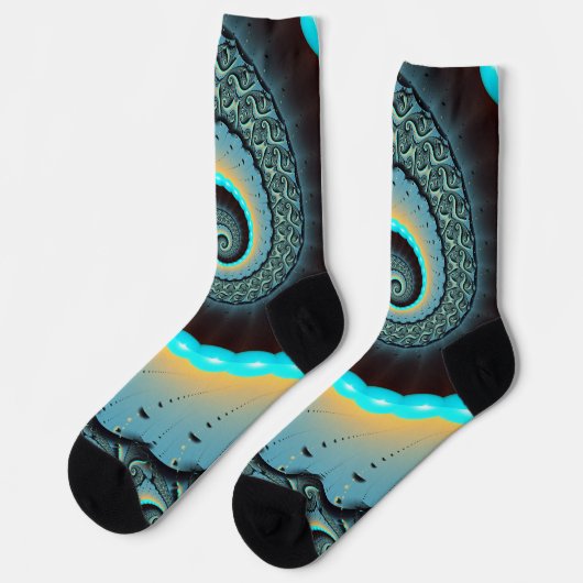 Abstract Blue Turquoise Oranje Fractal Art Spiral Sokken (Links)