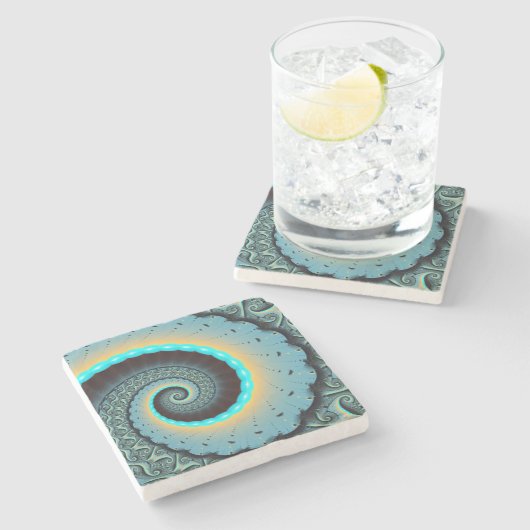 Abstract Blue Turquoise Oranje Fractal Art Spiral Stenen Onderzetter (Zijkant)