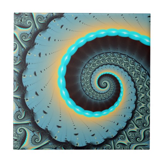 Abstract Blue Turquoise Oranje Fractal Art Spiral Tegeltje (Voorkant)