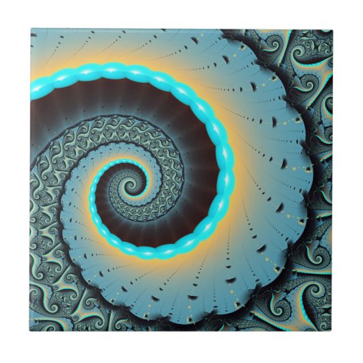 Abstract Blue Turquoise Oranje Fractal Art Spiral Tegeltje (Voorkant)