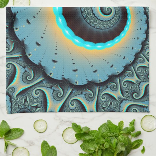 Abstract Blue Turquoise Oranje Fractal Art Spiral Theedoek (Gevouwen)