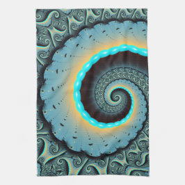 Abstract Blue Turquoise Oranje Fractal Art Spiral Theedoek