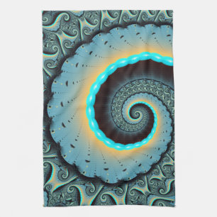 Abstract Blue Turquoise Oranje Fractal Art Spiral Theedoek