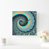 Abstract Blue Turquoise Oranje Fractal Art Spiral Vierkante Klok (Huis)