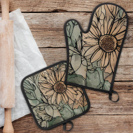 Abstract Boho Bloemmotief Salie en Beige Ovenwant & Pannenlap Set