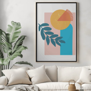 Abstract boho geometrische boog geel blauw poster
