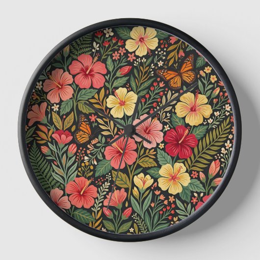 Abstract Boho Hibiscus Vlinders Kunst Klokken (Voorkant)