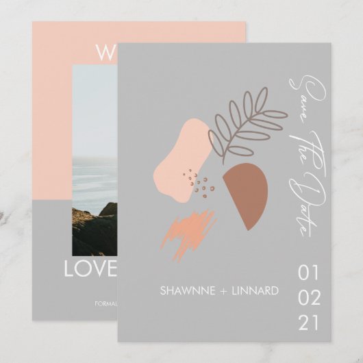 Abstract Boho Script Save the Date Foto Grijs Gede Kaart (Voorkant / Achterkant)