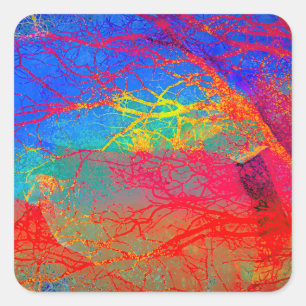 Abstract boomontwerp in rood en blauw vierkante sticker