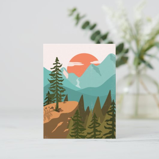 Abstract bos, bergen en zonsopgang briefkaart (Staand voorkant)