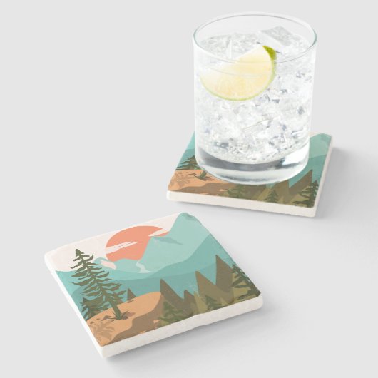 Abstract bos, bergen en zonsopgang stenen onderzetter (Zijkant)