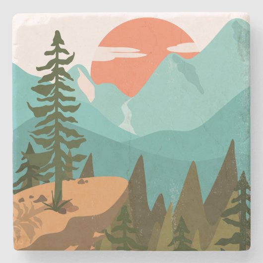Abstract bos, bergen en zonsopgang stenen onderzetter (Voorkant)
