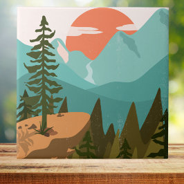 Abstract bos, bergen en zonsopgang tegeltje