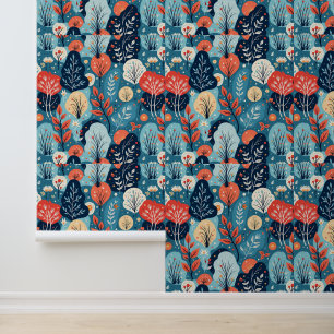Abstract botanisch blauw en koraalpatroon behang