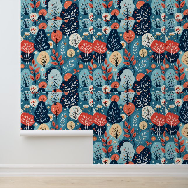 Abstract botanisch blauw en koraalpatroon behang (Applicatie)