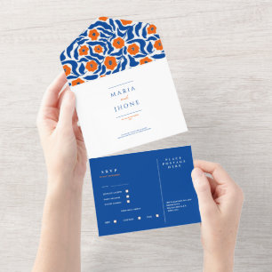 abstract botanisch blauw oranje trouw-RSVP alles-i All In One Uitnodiging