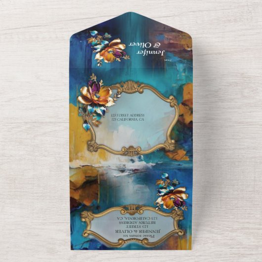 Abstract brons, goudblauw Barok stijl All In One Uitnodiging (Buitenkant)