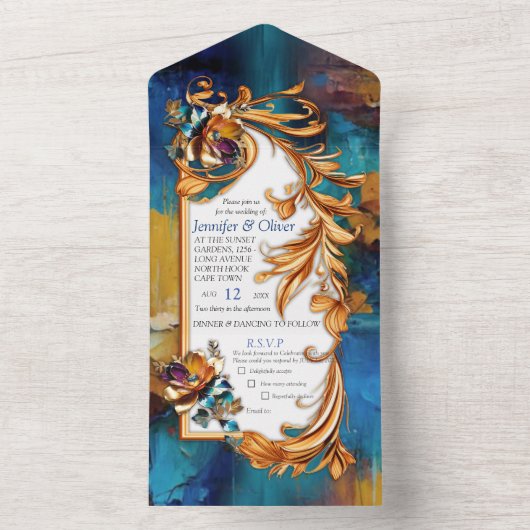 Abstract brons, goudblauw Barok stijl All In One Uitnodiging (Binnen)