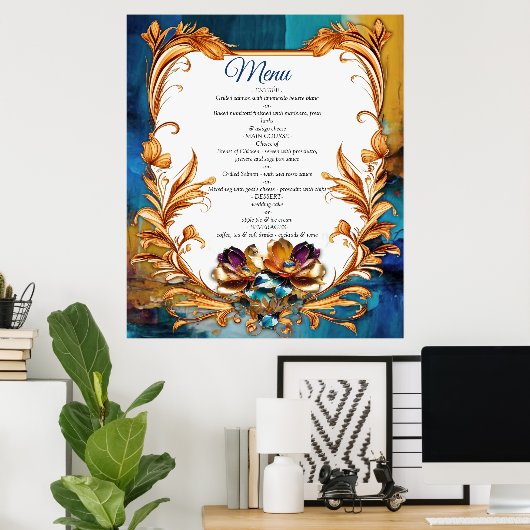 Abstract brons, goudblauw Barok stijl Poster (Thuiskantoor)