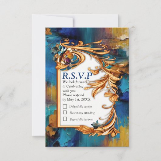 Abstract brons, goudblauw Barok stijl RSVP Kaartje (Voorkant)
