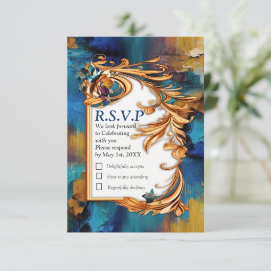 Abstract brons, goudblauw Barok stijl RSVP Kaartje (Staand voorkant)