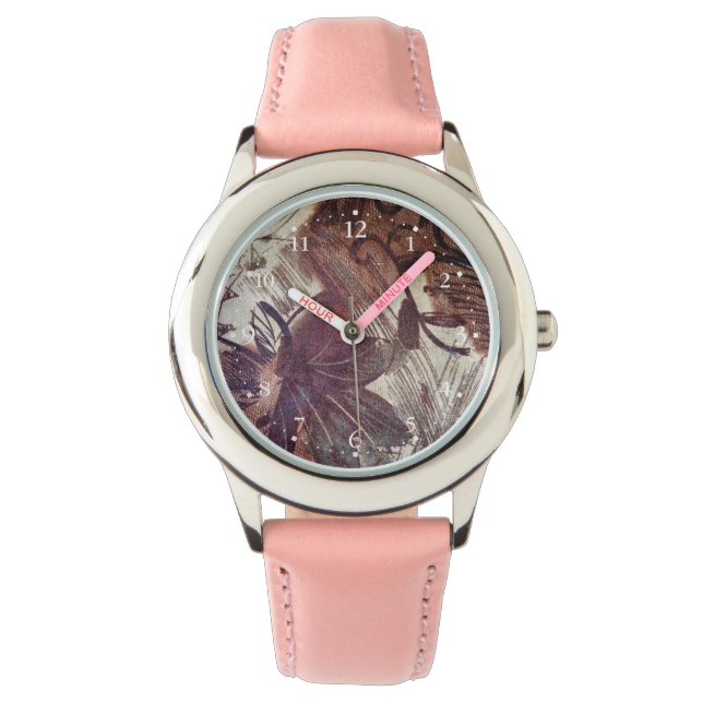 Abstract bruin Floral Design 1 Horloge (Voorkant)