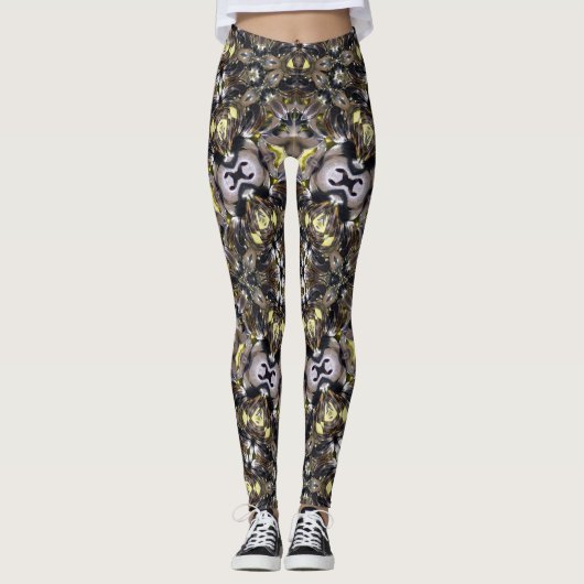 Abstract bruin zwart grijs geel caleidoscoop leggings (Voorkant)