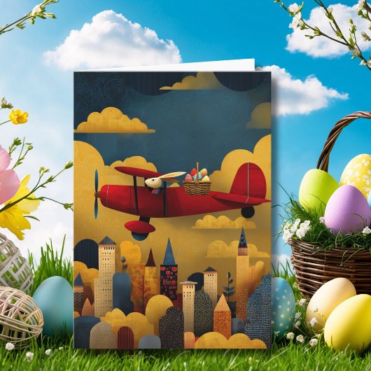 Abstract Bunny Flies Airplane Clouds Custom Easter Kaart