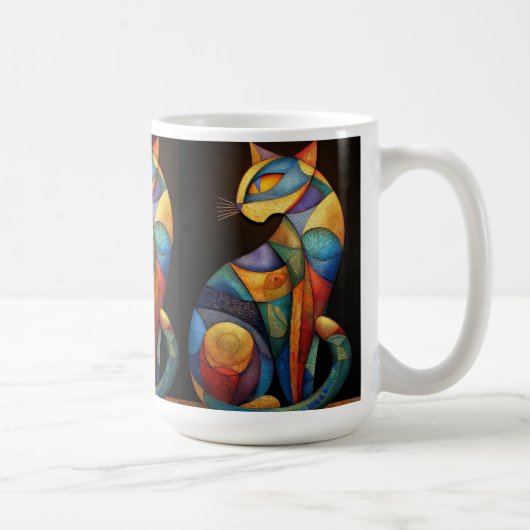 Abstract Cat Coffee Mug–Colorful Geometric Koffiemok (Rechts)