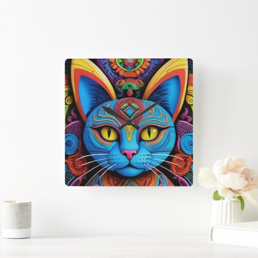 Abstract Cat With Yellow Eyes Vierkante Klok (Huis)
