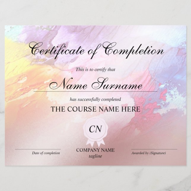 Abstract certificaat van voltooiing van de gunning (Voorkant)