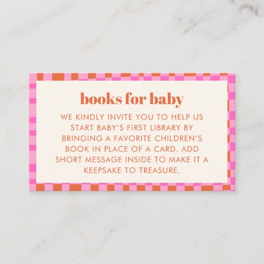 Abstract Check Pink Orange Baby Shower Books  Informatiekaartje (Voorkant)