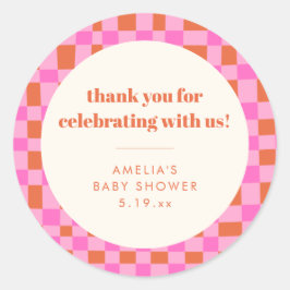 Abstract Checker Pink Custom Baby Shower Thank Ronde Sticker
