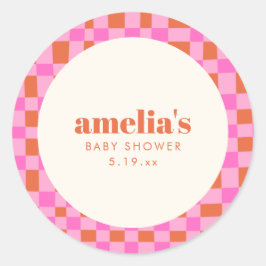 Abstract Checker Pink Orange Custom Baby Shower Ronde Sticker
