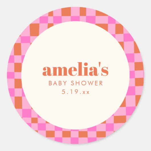 Abstract Checker Pink Orange Custom Baby Shower Ronde Sticker (Voorkant)