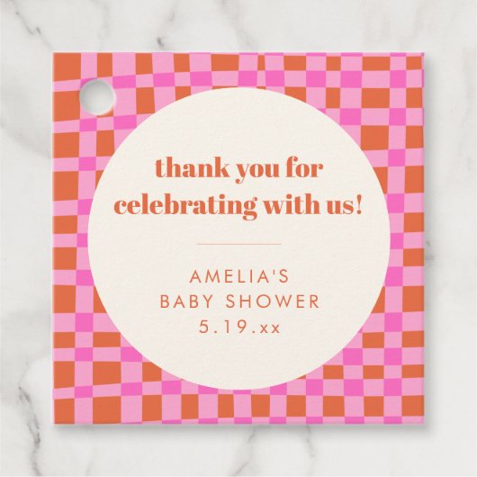 Abstract Checker Roze Aangepaste Baby Shower Dank Bedankjes Labels (Voorkant)