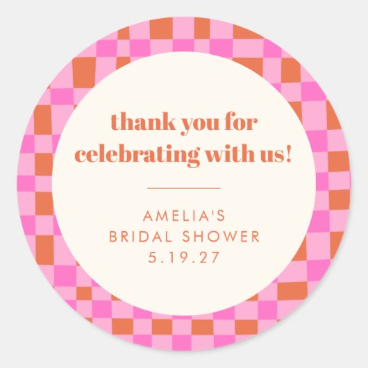 Abstract Checker Roze Aangepaste Trouw Bruiloft Da Ronde Sticker (Voorkant)