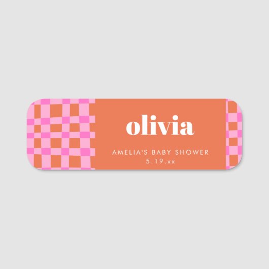 Abstract Checker Roze Oranje Aangepaste Baby Showe Naamplaatje (Voorkant)