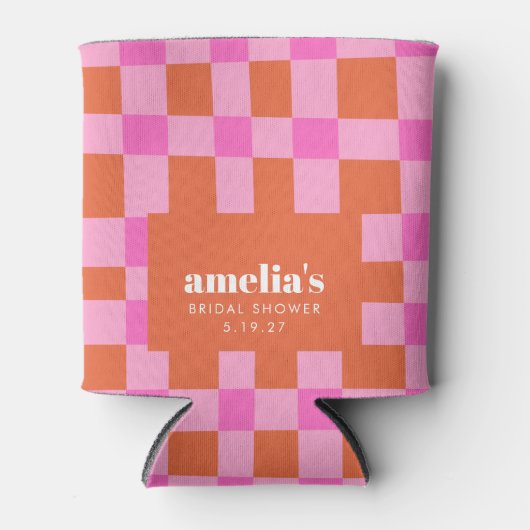 Abstract Checker Roze Oranje Aangepaste Bruidsdouc Blikjeskoeler (Voorkant)