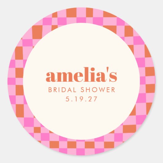 Abstract Checker Roze Oranje Aangepaste Bruidsdouc Ronde Sticker (Voorkant)